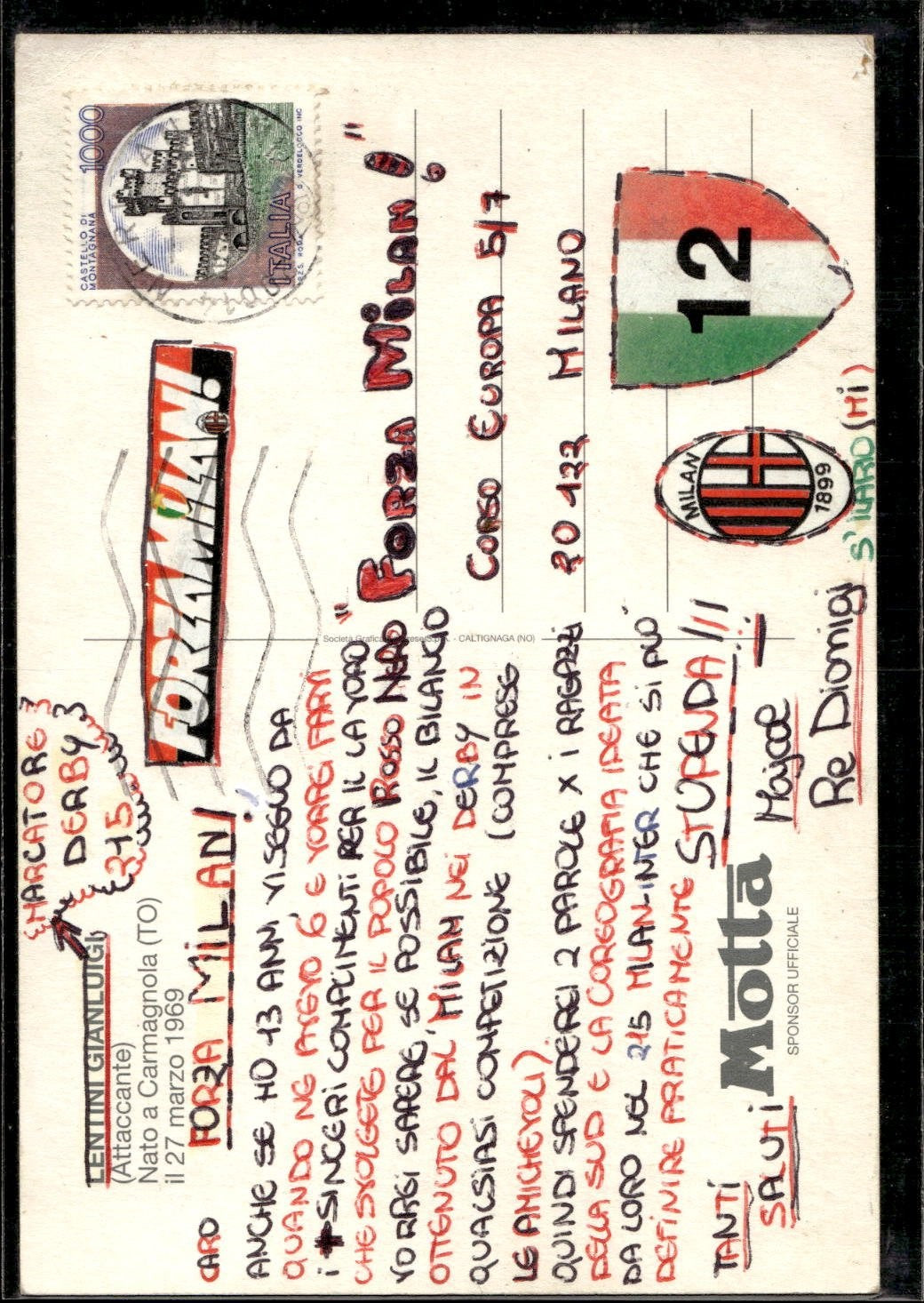 cartolina postcard calcio Milan Gianluigi Lentini 1992