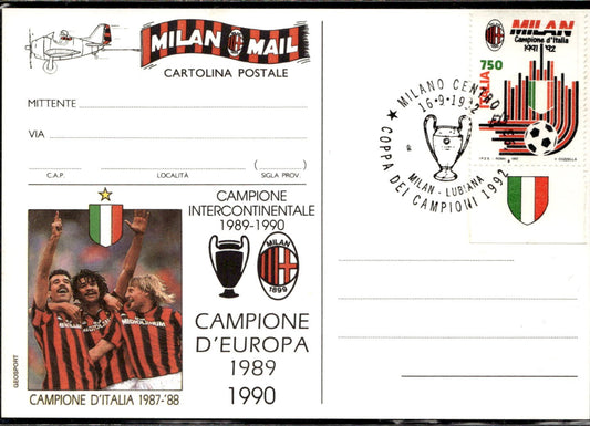 cartolina postcard calcio Milan Campione d'Europa 1989/1990 con annullo (1)