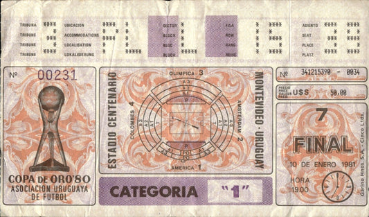 biglietto stadio COPA DE ORO'80 ASOCIACION URUGUAYA FUTBOL 1981 FINAL 1