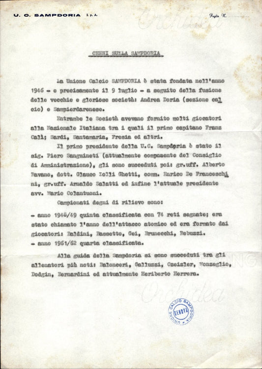 carta intestata societ� sportiva U.C. Sampdoria SPA