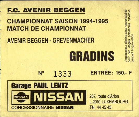 biglietto stadio AVENIR BEGGEN - GREVENMACHER 1994-1995