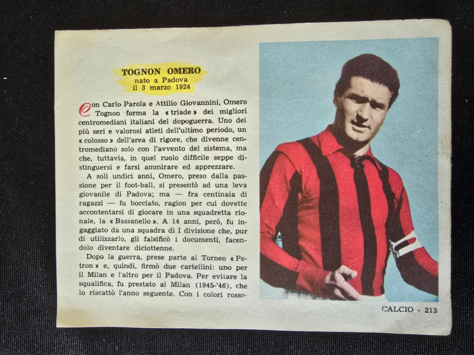 A.C Milan  1899 Omero TOGNON piccola biografia da foglio rivista