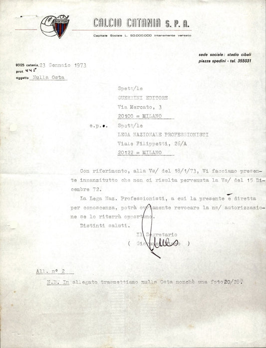 carta intestata societ� sportiva U.S. Catania Spa 1973 06