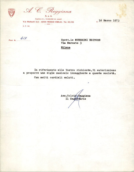carta intestata societ� sportiva A.C. Reggiana 1973