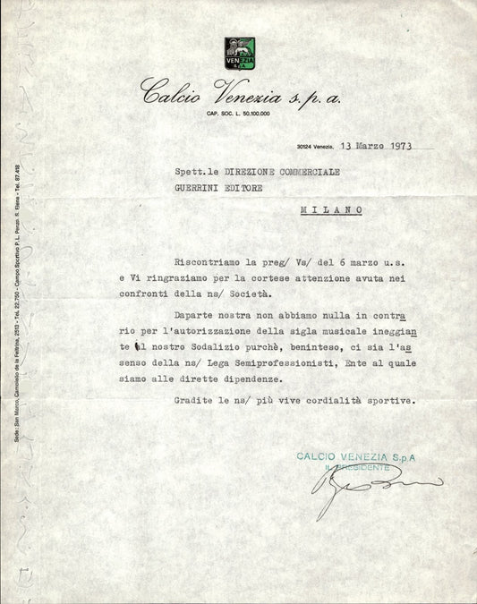 carta intestata societ� sportiva Calcio Venezia S.p.a.1973