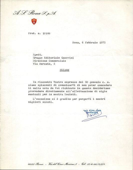 carta intestata societ� sportiva A.S. Roma SpA  1973 03
