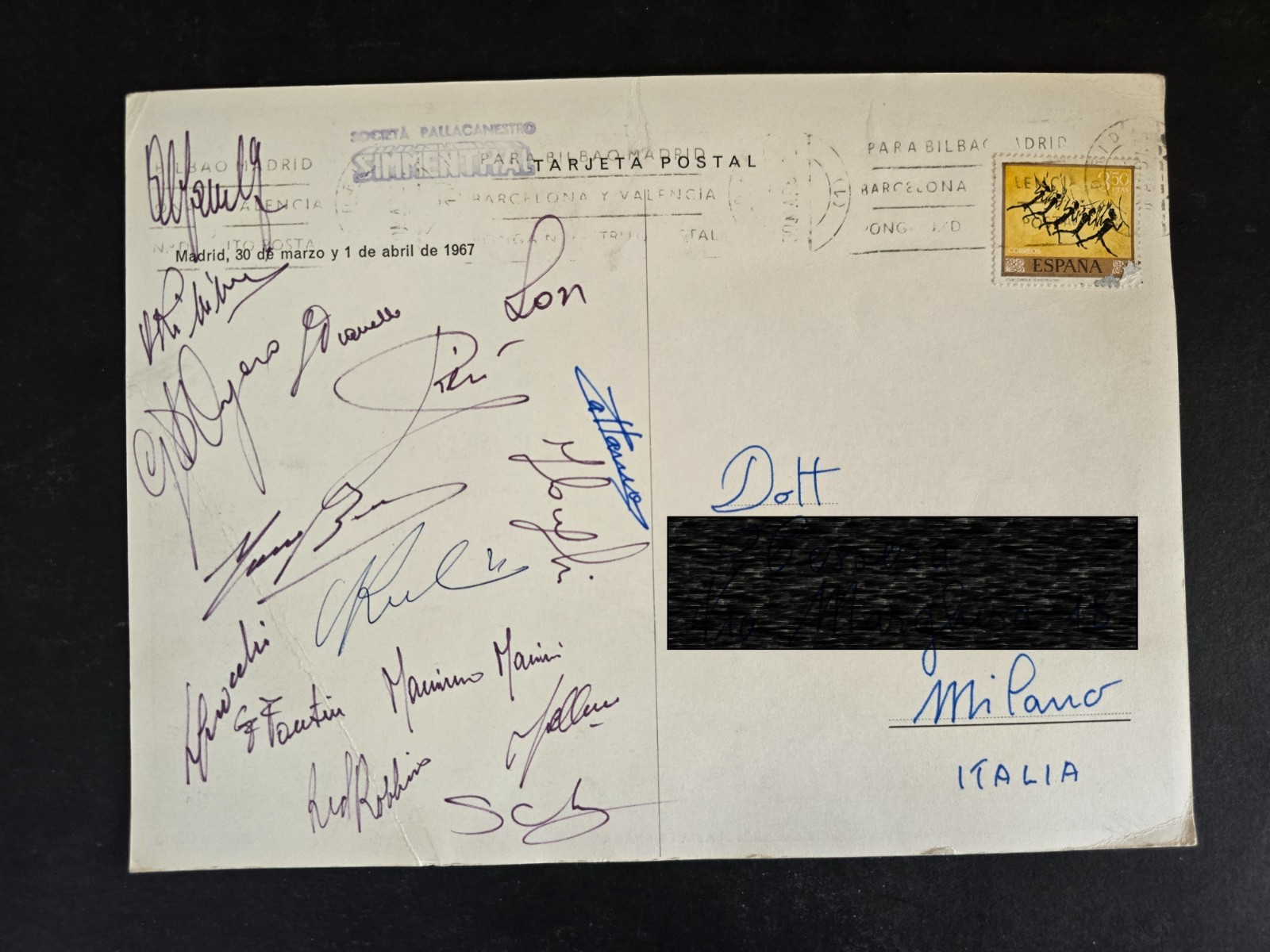 SIMMENTHAL Olimpia Milano Basket cartolina viaggiata autografata Coppa Campioni