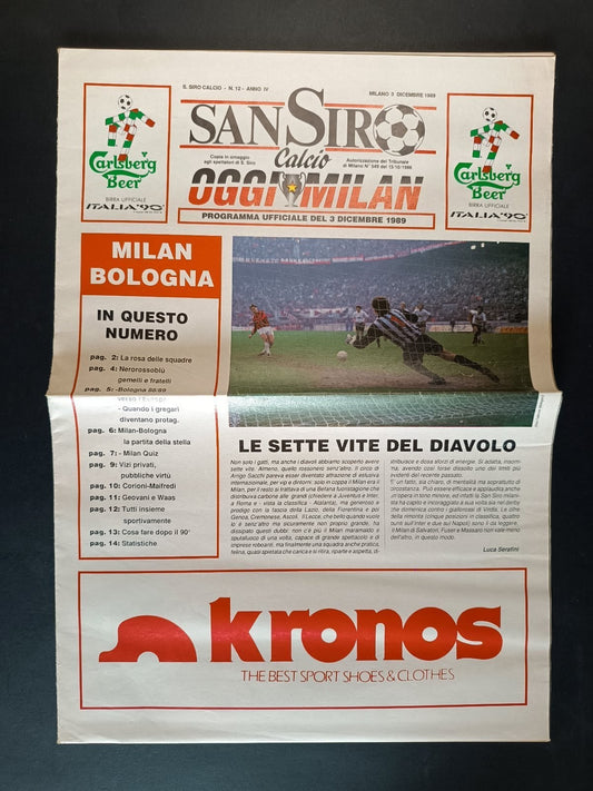 rivista SANSIRO calcio n 12 - 1989 - Programma Milan Bologna
