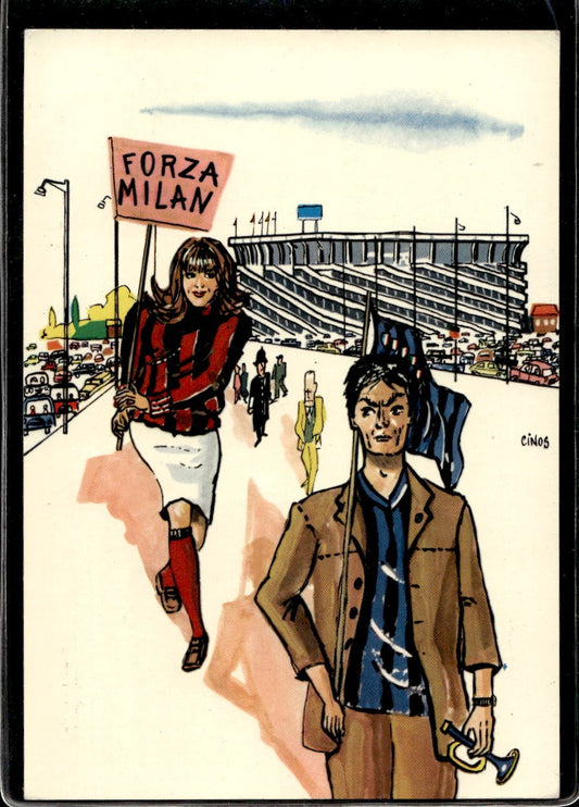 Cartolina illustrata Milano tifo a San Siro Lo Stadio ill.Cinos