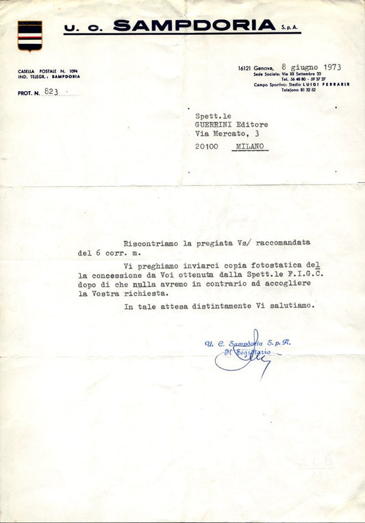 carta intestata societ� sportiva U.C. Sampdoria SPA 1973 05