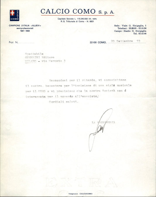carta intestata societ� sportiva Calcio Como Spa 1973