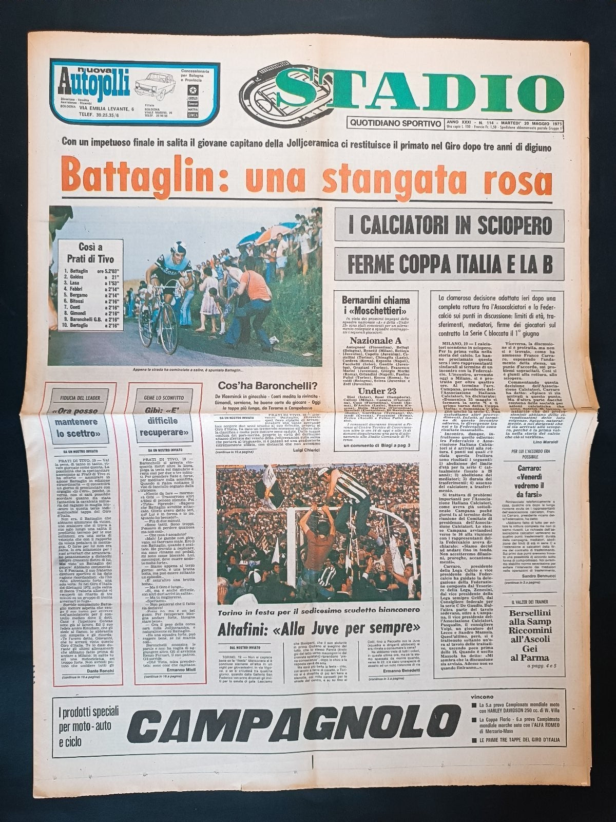 Quotidiano Sportivo STADIO numero 114 anno 1975 - Battaglin