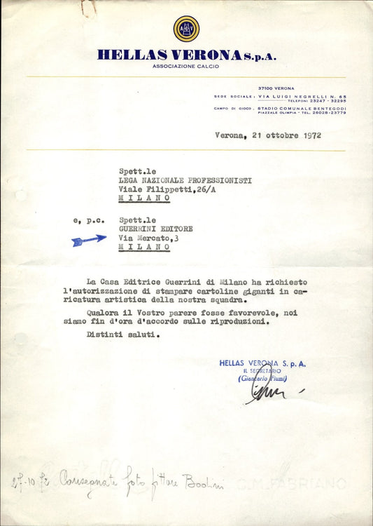 carta intestata societ� sportiva Hellas Verona 1973 03