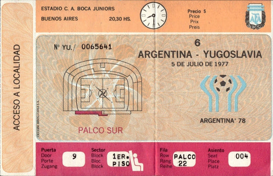 biglietto stadio ARGENTINA-YUGOSLAVIA 5 LUGLIO 1977