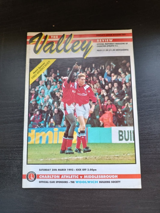 programma calcio Charlton Athetlic V Middlesbrough 28th 1992
