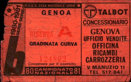Biglietto stadio Genoa Riserva A Campionato Nazionale 80-81