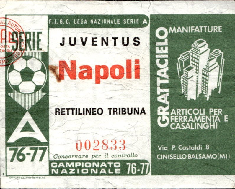biglietto Ticket Stadio Juventus Napoli Campionato Nazionale 76-77 n 002833