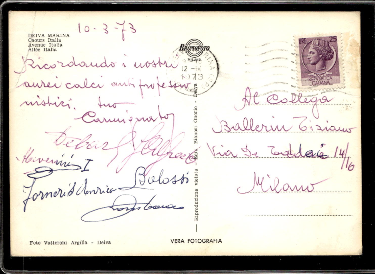 cartolina postcard Deiva Marina Corso Italia 1973 autografi Milan