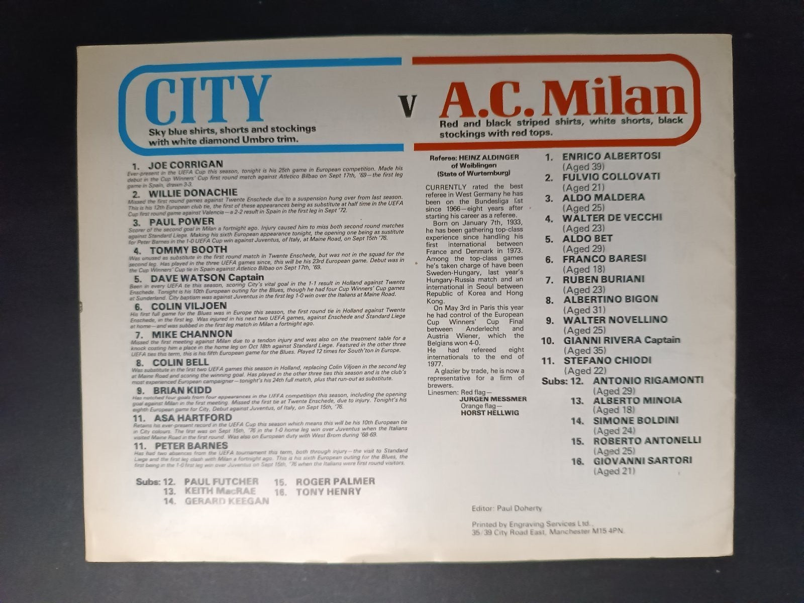 programma ufficiale UEFA CUP MANCHESTER CITY MILAN 6 dicembre 1978 (inglese)