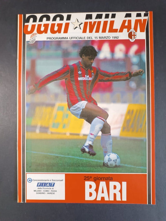 programma ufficiale OGGI MILAN 15  marzo 1992 Bari 25� Rijkard