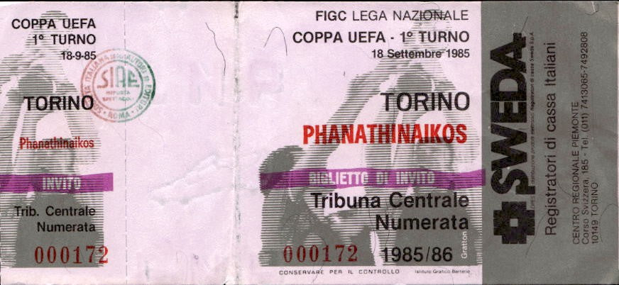 Biglietto stadio Torino-Phanathinaikos 18/09/1985 Coppa Uefa