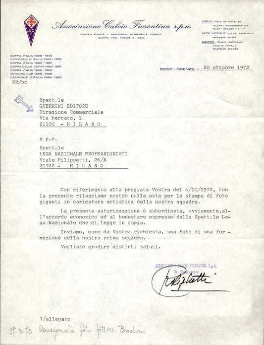 carta intestata societ� sportiva Calcio Fiorentina Spa 1972 01