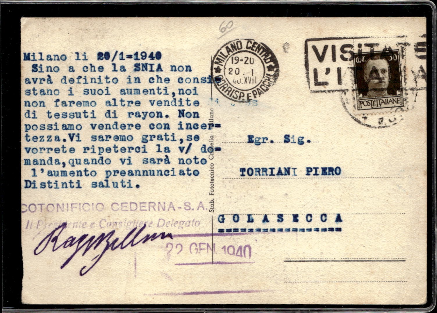 cartolina postcard Milano Cotonificio Cederna 1940
