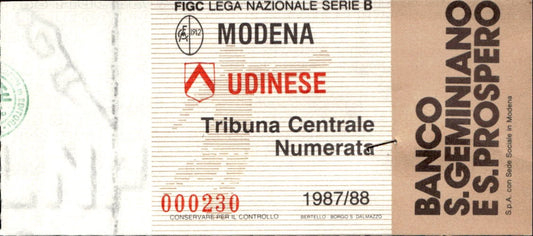 biglietto Ticket Stadio Modena Udinese 1987/88 n 000230