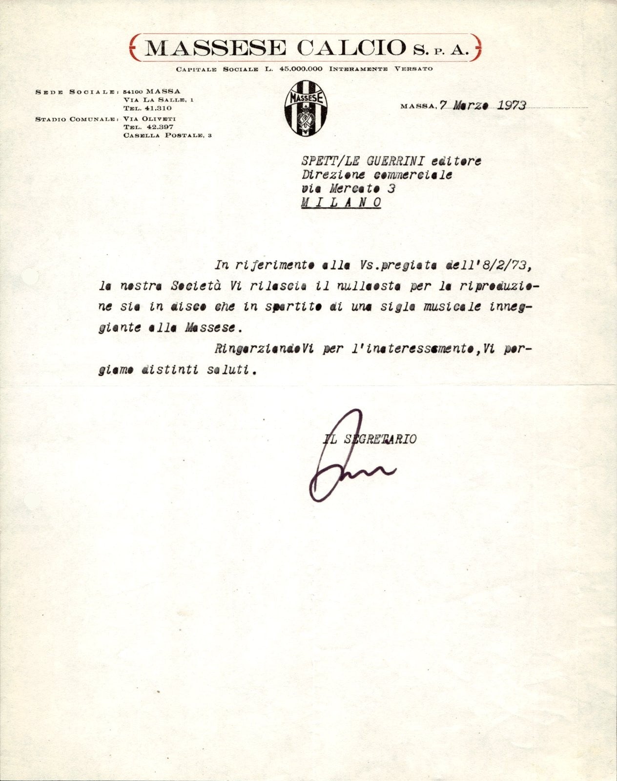 carta intestata societ� sportiva Massese Calcio Spa 1973
