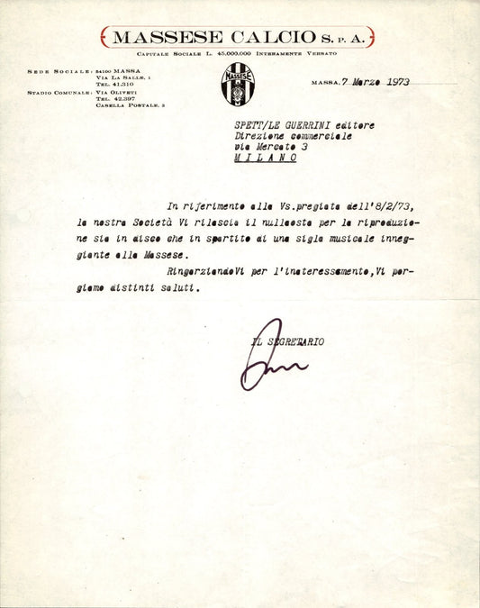 carta intestata societ� sportiva Massese Calcio Spa 1973