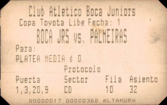 biglietto stadio BOCA JRS VS PALMEIRAS N 368