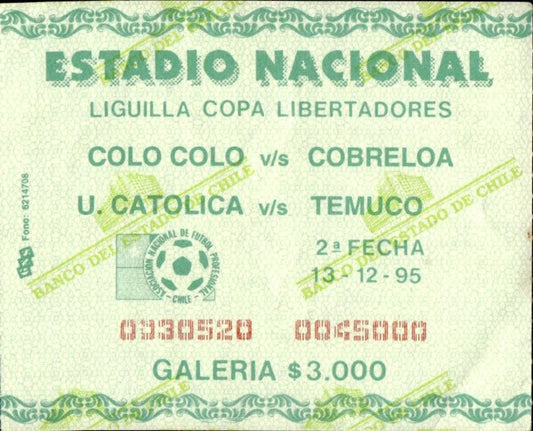 biglietto stadio COLO COLO V/S COBRELOA U.CATOLICA V/S TEMUCO 13/12/95