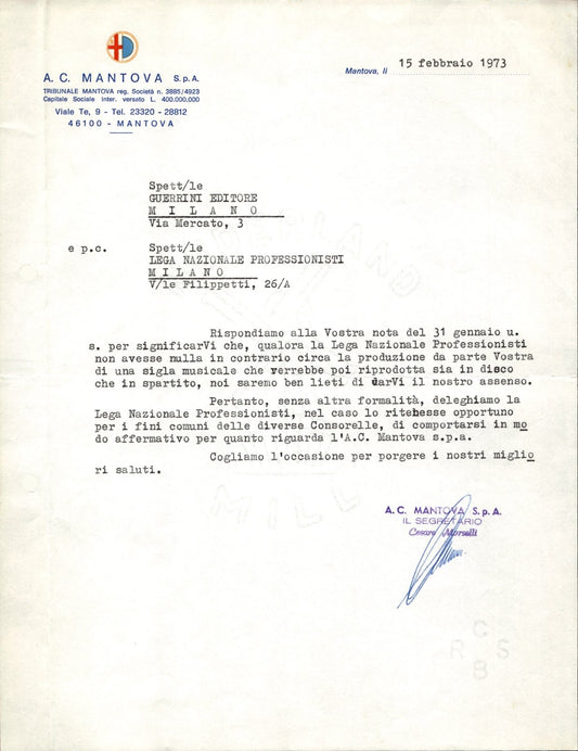 carta intestata societ� sportiva Calcio Mantova Spa 1973