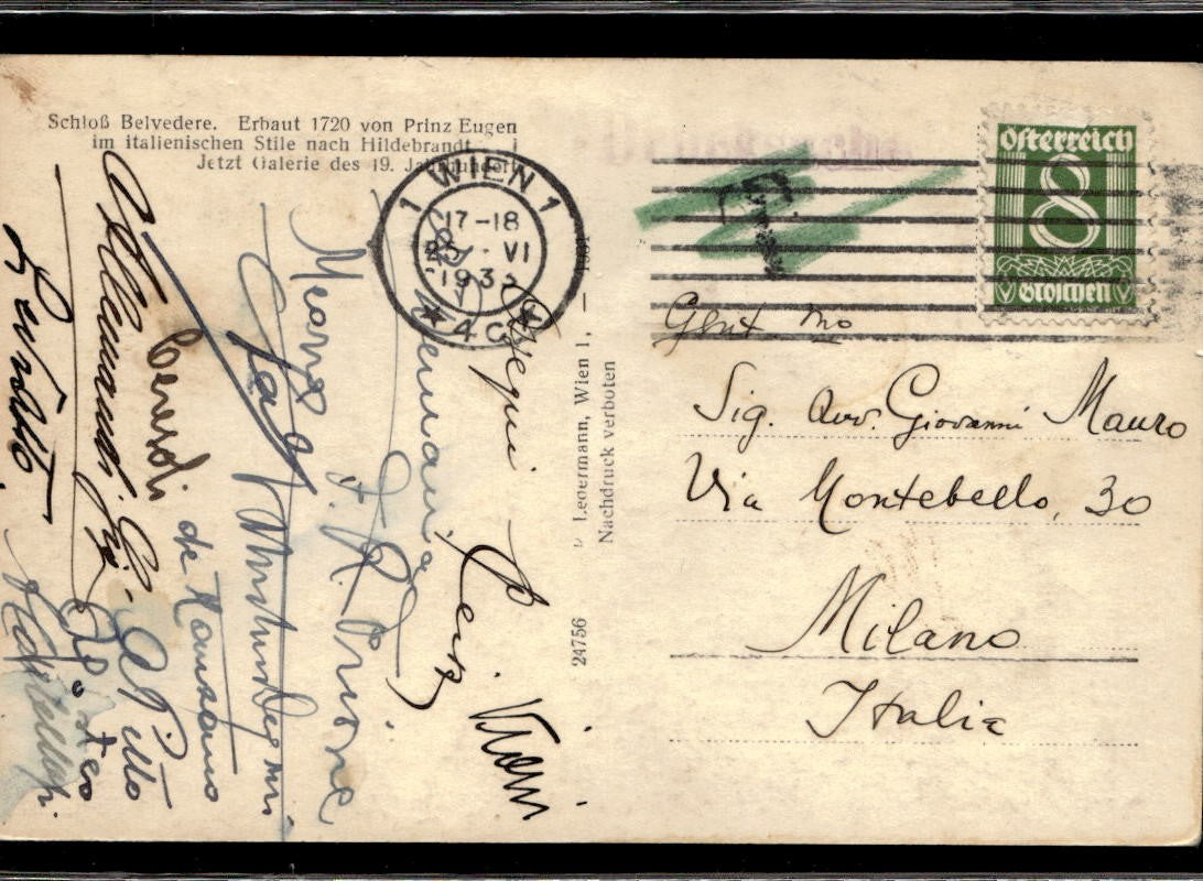 Cartolina Schloss Belvedere Prinz Eugenstrasse Wien autografi Milan 1933