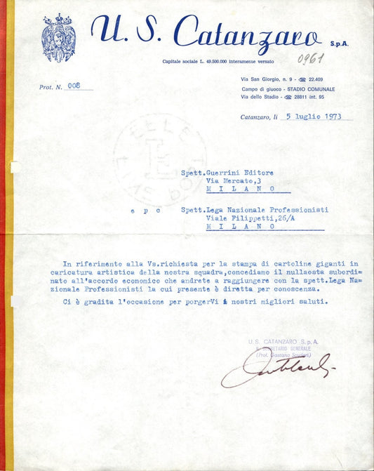 carta intestata societ� sportiva U.S. Catanzaro 1973 02