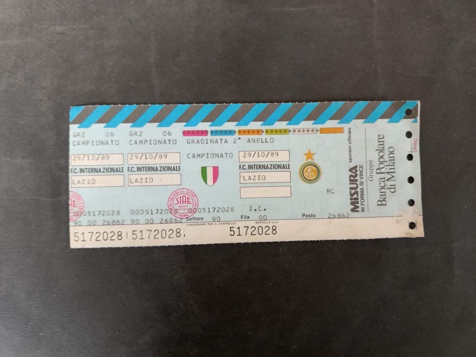 biglietto internazionale lazio 1989 ticket originale