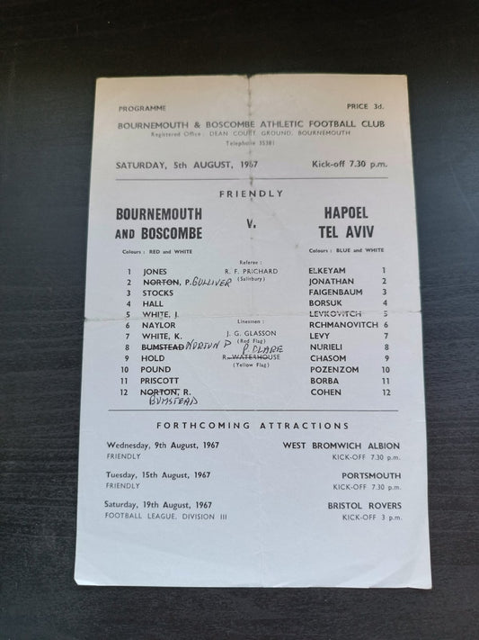 programma calcio  Bournemouth V Hapoel Tel Aviv 5th 1967