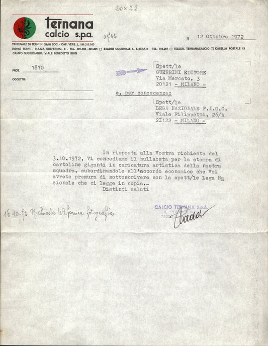 carta intestata societ� sportiva Calcio Ternana spa 1972