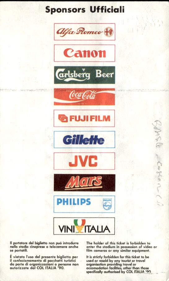 biglietto Ticket Coppa del Mondo Italia '90 Brasile Costa Rica Torino 16/06/90