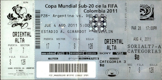 biglietto stadio COPA MUNDIAL FIFA COLOMBIA 2011 4 AGOSTO