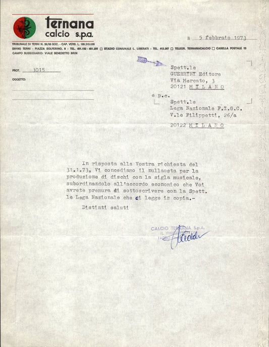 carta intestata societ� sportiva Calcio Ternana spa 1973