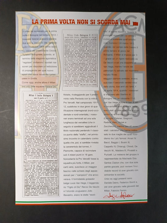 volantino pre-partita MILAN - BOLOGNA con firma autografo