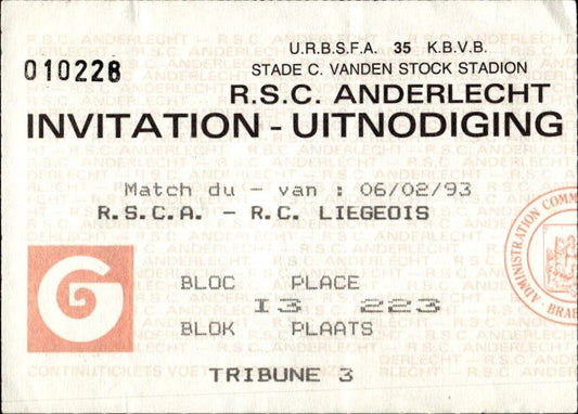biglietto stadio Anderlecht vs Liegeois 1993