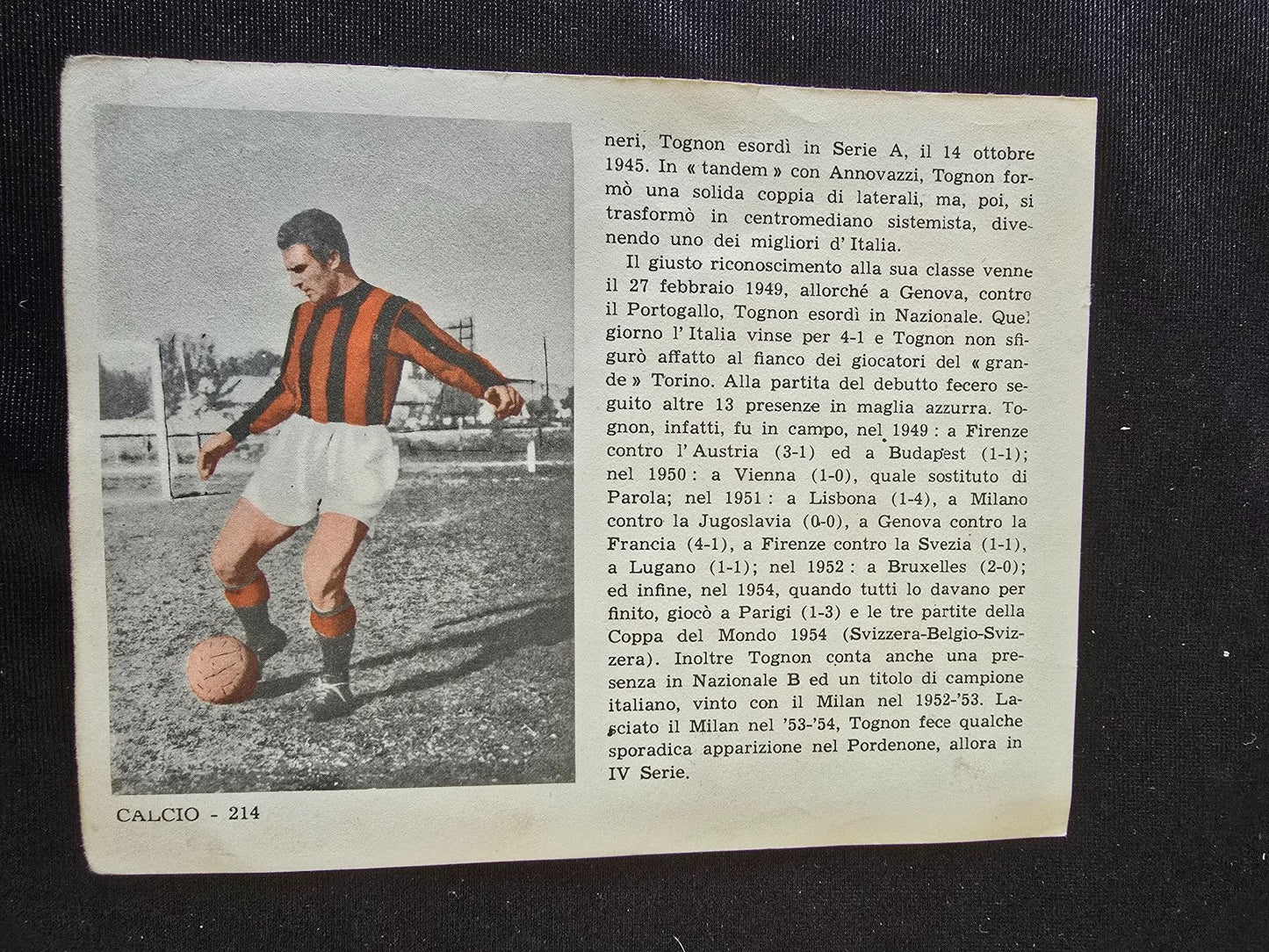 A.C Milan  1899 Omero TOGNON piccola biografia da foglio rivista