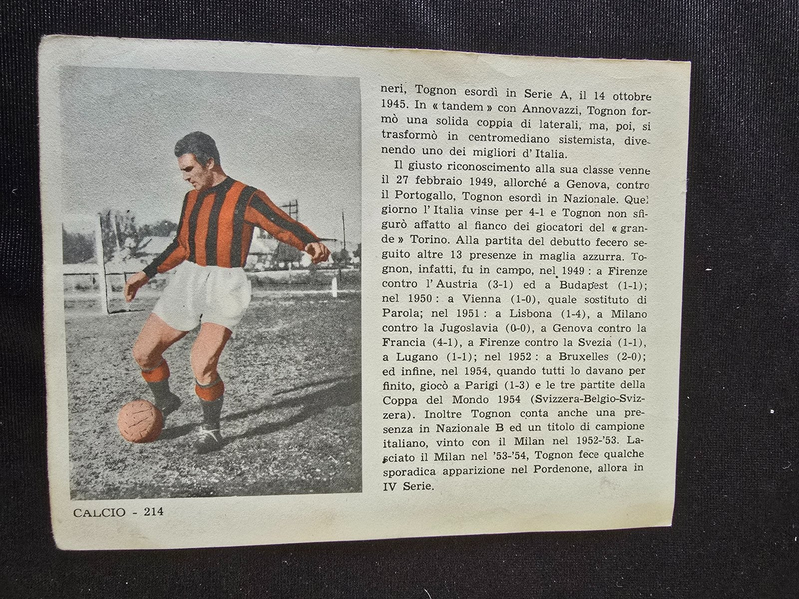 A.C Milan  1899 Omero TOGNON piccola biografia da foglio rivista