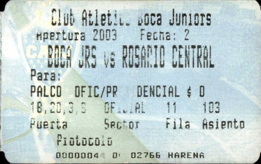 biglietto stadio BOCA JRS VS ROSARIO CENTRAL 2003 PALCO OFIC/PR