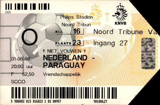 biglietto stadio NEDERLAND - PARAGUAY 1/06/98