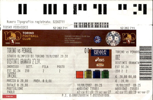 Biglietto stadio Torino Vs Penarol 19/08/2007 Stadio Olimpico Torino