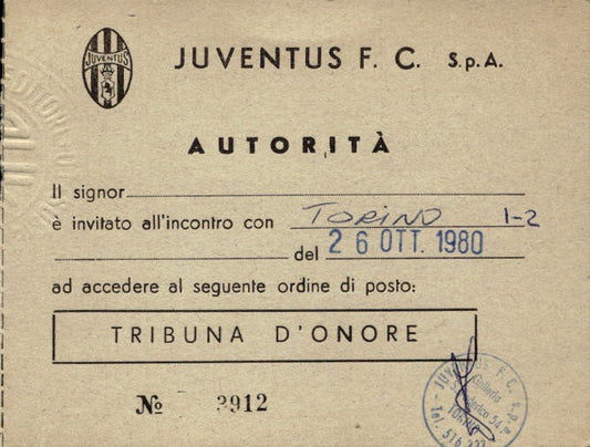 Biglietto stadio Juventus-Torino 26/10/1980