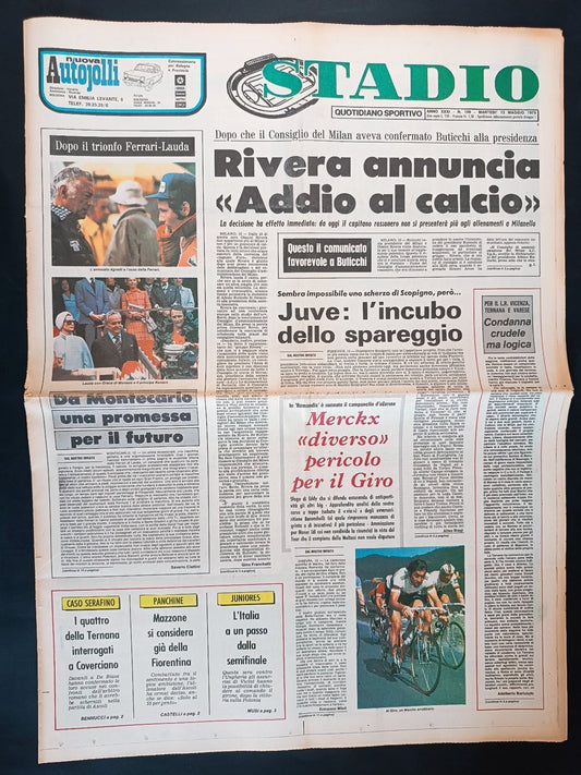 Quotidiano Sportivo STADIO numero 109 anno 1975 - Rivera addio al calcio